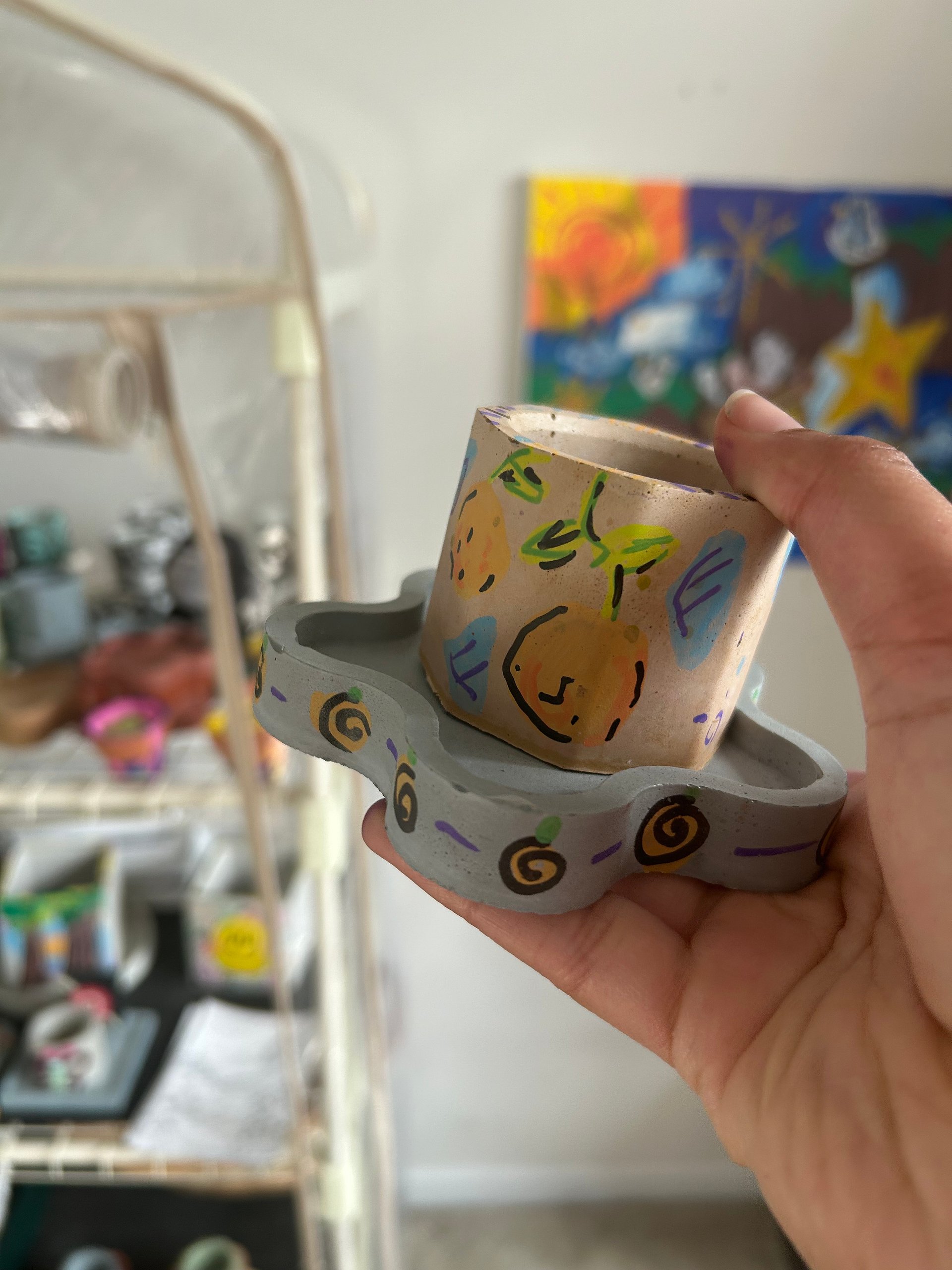 Orange you glad I didn’t say yellow 1-1 original painted cement plant pot and tray product image (2)