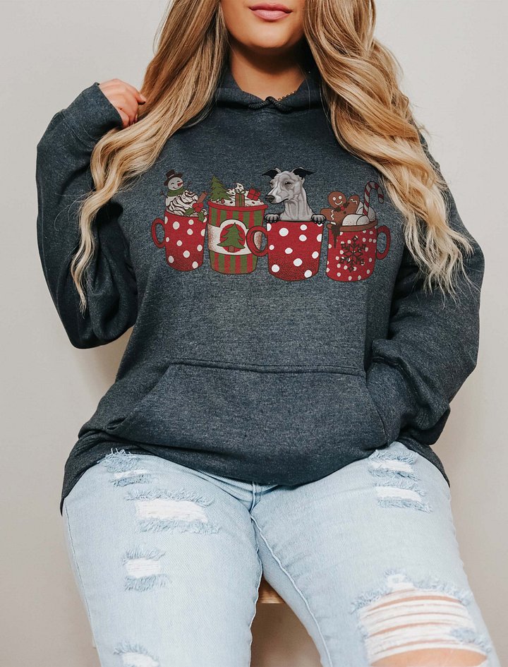 Cute Italian Greyhound(Blue-Fawn) in a Christmas Cup Hooded Sweatshirt | Funny Christmas Iggy Pup in a Cup product image (1)
