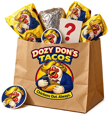 Dozy Don's delivery bag with branded taco wrappers and a few surprises inside