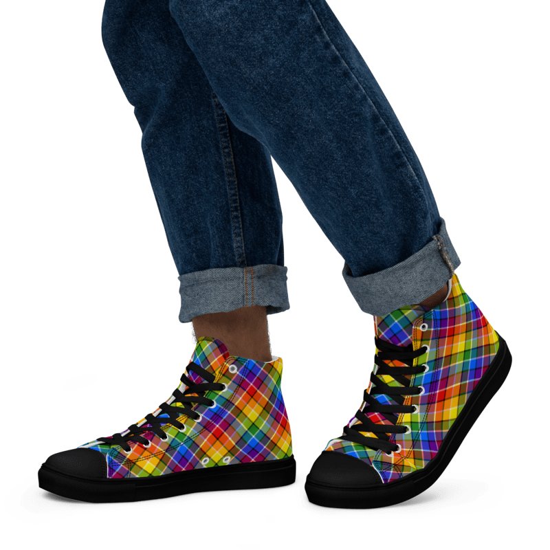 Bright Rainbow Plaid Men's High Top Shoes product image (5)