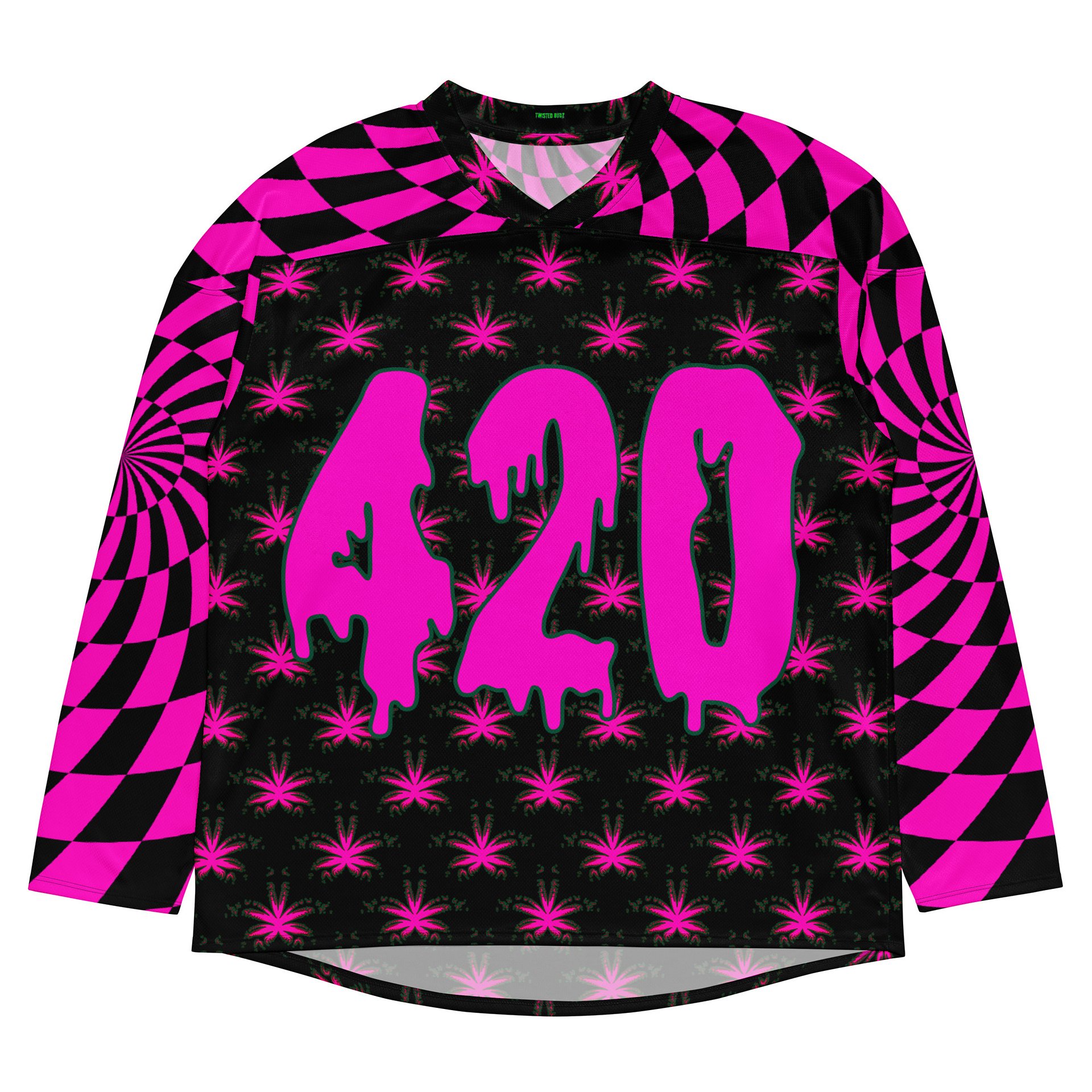 Twisted 420 Rave Hockey Jersey, Trippy Techno EDM Top, Psychedelic Spiral Cannabis Clothing, Weird Weed Festival Wear, Pot Leaf Stoner Shirt product image (1)