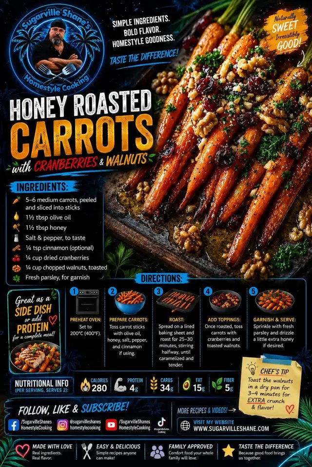 Ingredients: 5–6 medium carrots, peeled and sliced into sticks 1½ tbsp olive oil 1½ tbsp honey Salt & pepper, to taste ¼ tsp cinnamon (optional) ¼ cup dried cranberries ¼ cup chopped walnuts, toasted Fresh parsley, for garnish Directions: Preheat oven: Set to 200°C (400°F). Prepare the carrots: Toss carrot sticks with olive oil, honey, salt, pepper, and cinnamon if using. Roast: Spread on a lined baking sheet and roast for 25–30 minutes, stirring halfway, until caramelized and tender. Add toppings: Once roasted, toss carrots with cranberries and toasted walnuts. Garnish & serve: Sprinkle with fresh parsley and drizzle a little extra honey if desired. Nutritional Info (per serving, serves 2): Calories: 280 Protein: 4g Carbs: 34g Fat: 15g Fiber: 5g   #highprotein  #highproteinrecipes  #fblifestyles #healthy  #TasteTheDifference
