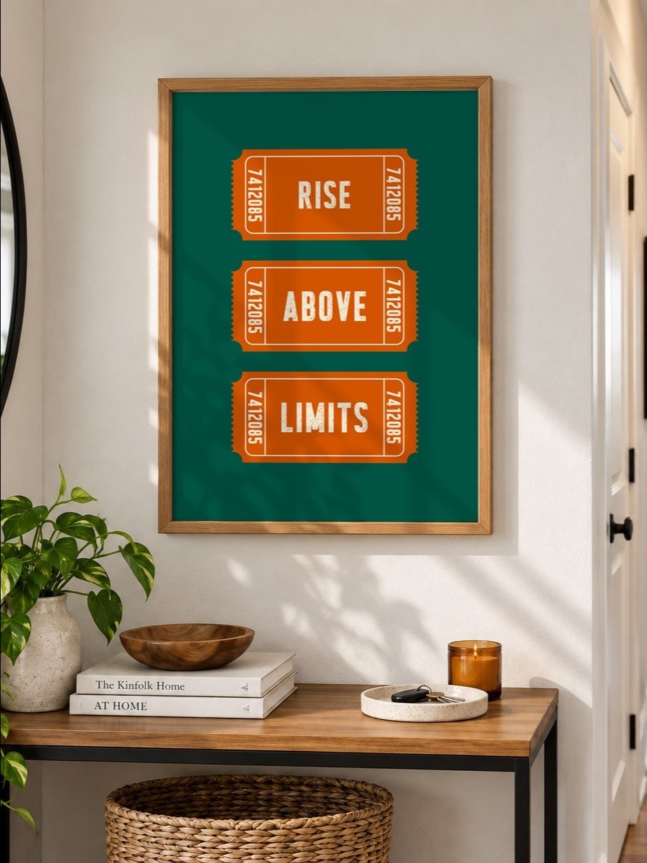 Rise Above Limits Motivational Poster, Retro Ticket Print, Dark Green Orange Typography Wall Art, Uplifting Art, Printable Inspirational Art product image (6)