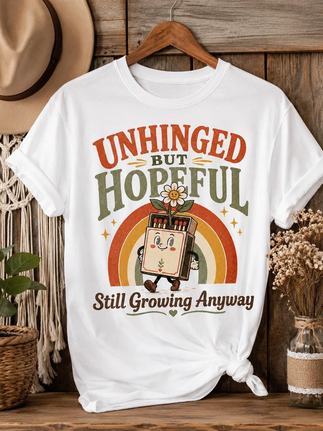 Unhinged But Hopeful Shirt – Funny Mental Health Positivity Graphic Tee, Still Growing Anyway product image (4)