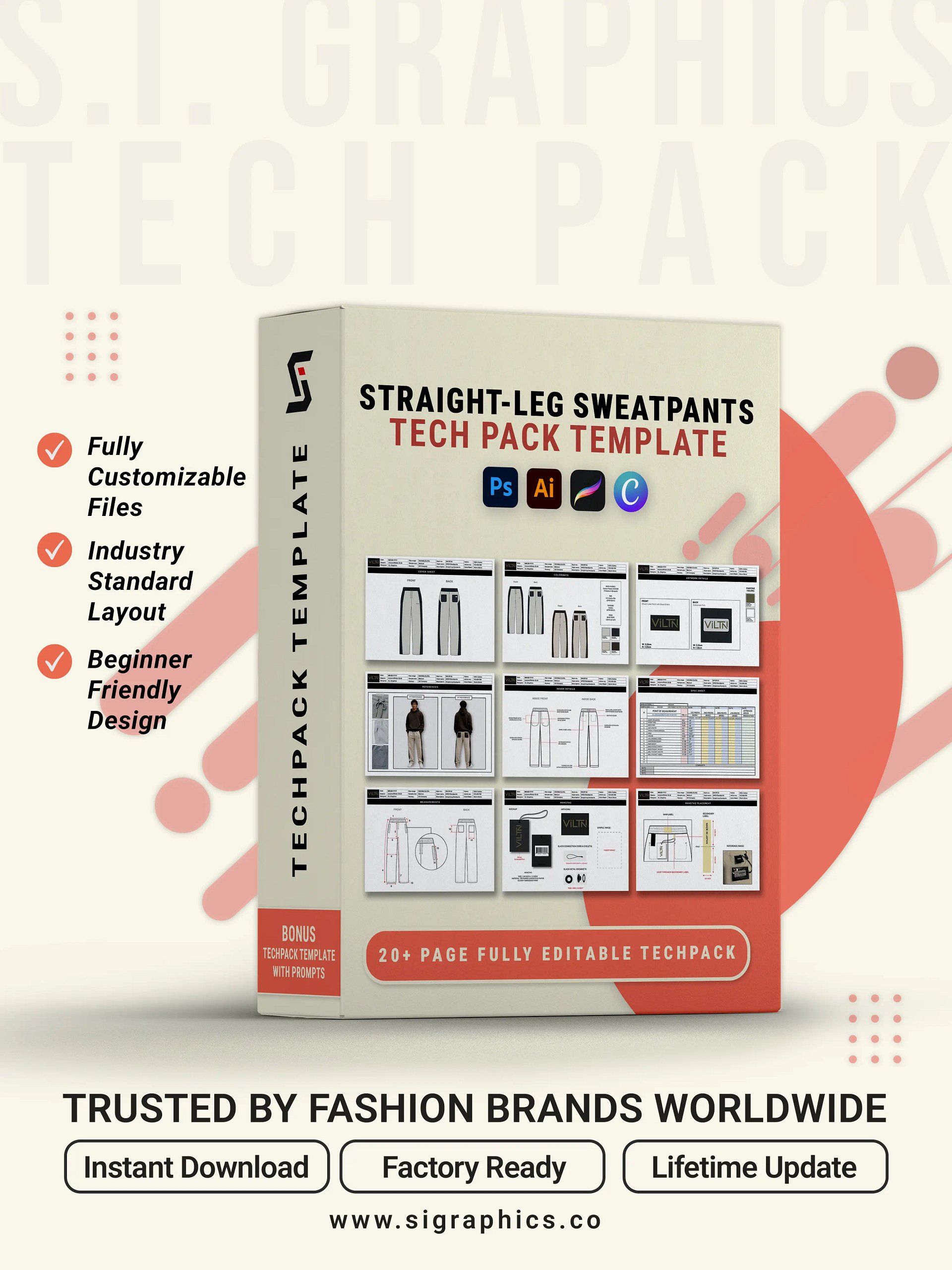 Straight-Leg Sweatpants Tech Pack Template – Editable AI File product image (1)