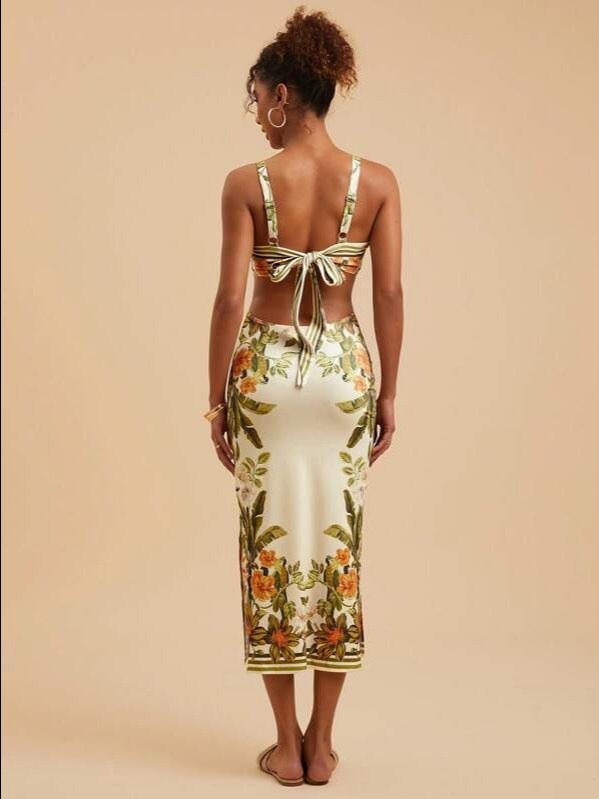 Yellow Floral Backless Midi Dress — Boho High Waist Cami Slit Dress product image (3)