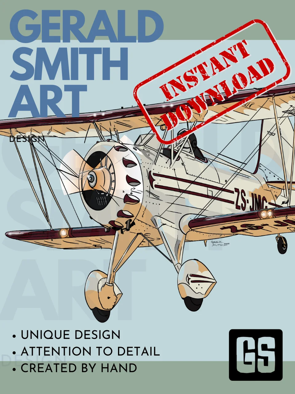 Waco Classic YMF-5 ZS-JMG Digital Printable Art Aviation Gift with Blue Background product image (1)