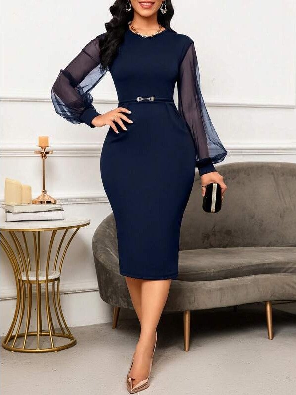 ADLEST Women's Elegant Lantern Sleeve Office Dress | Round Neck Sheer Commuter Dress US product image (1)