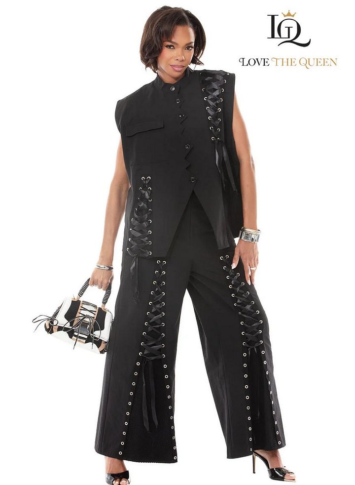 Lace-Up Vest & Pant Set - 2pc Wavy Placket Wide-Leg Suit product image (1)