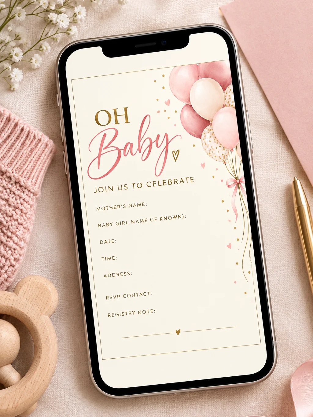 Blush Pink Baby Shower Invitation Template, Editable Canva Invite, Baby Girl Balloon Shower Invitation, Printable Digital Download product image (3)