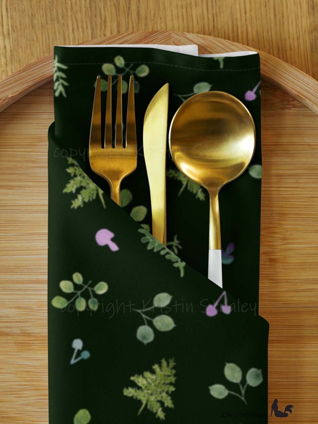 Woodland Ferns & Mushrooms on Dark Green Cloth Napkin Set of 4 product image (8)