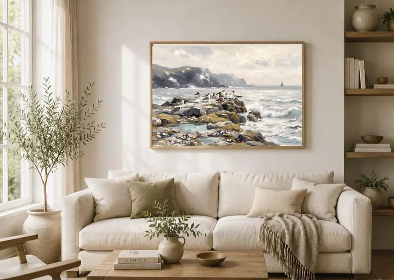 Rare Watercolor Coastal Wall Art Bundle of 3 – Path Along Coastal Cliffs, Seabirds on Rocky Coast & Stone Bridge Over Tidal Creek, Fine Detail Nautical Print product image (2)
