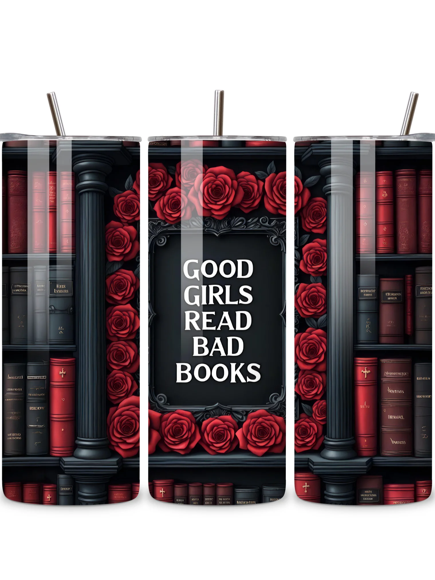 Goth 20oz Skinny Tumbler with Metal Straw – Elegant Red Rose and Library Design – Double-Walled Insulated Stainless Steel Tumbler for Hot & Cold Drinks, Gift for Goth Book Lover product image (1)