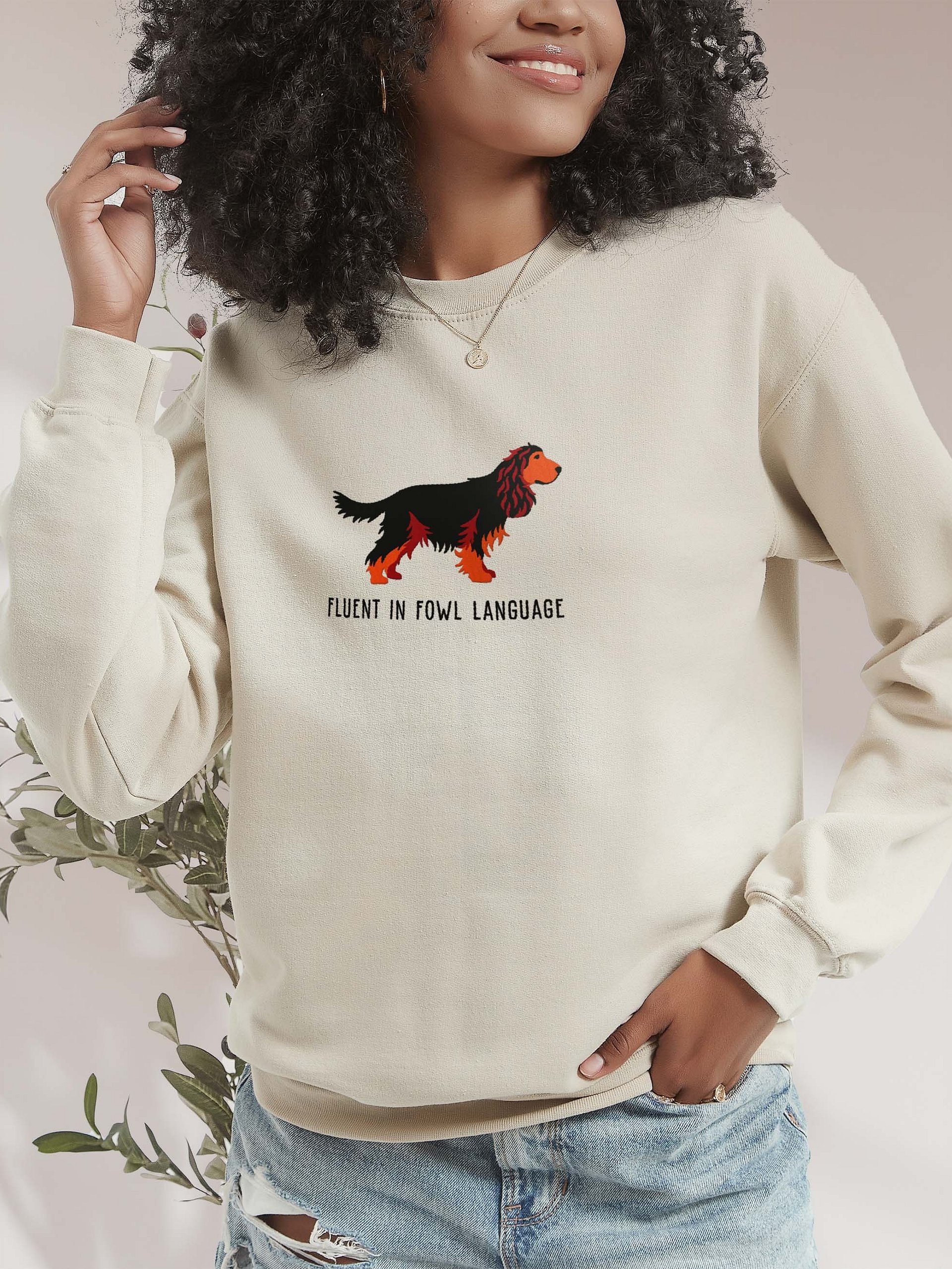 Fluent in Fowl Language Sweatshirt (Embroidered) of an English Cocker Spaniel(Black & Tan, Full Tail) product image (2)