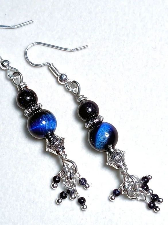 Celestial Dangle Earrings | Handmade, Tiger Eye & Sparkly Goldstone | "Midnight Kiss" product image (1)