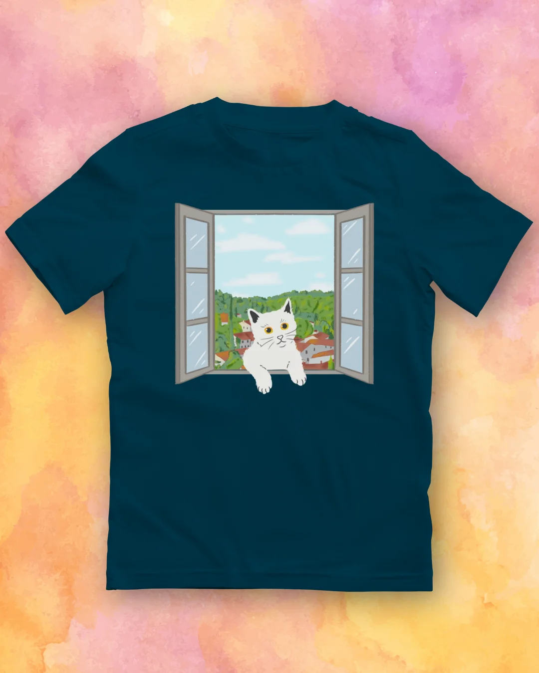 White Cat Peeking Through Window - T-Shirt product image (1)