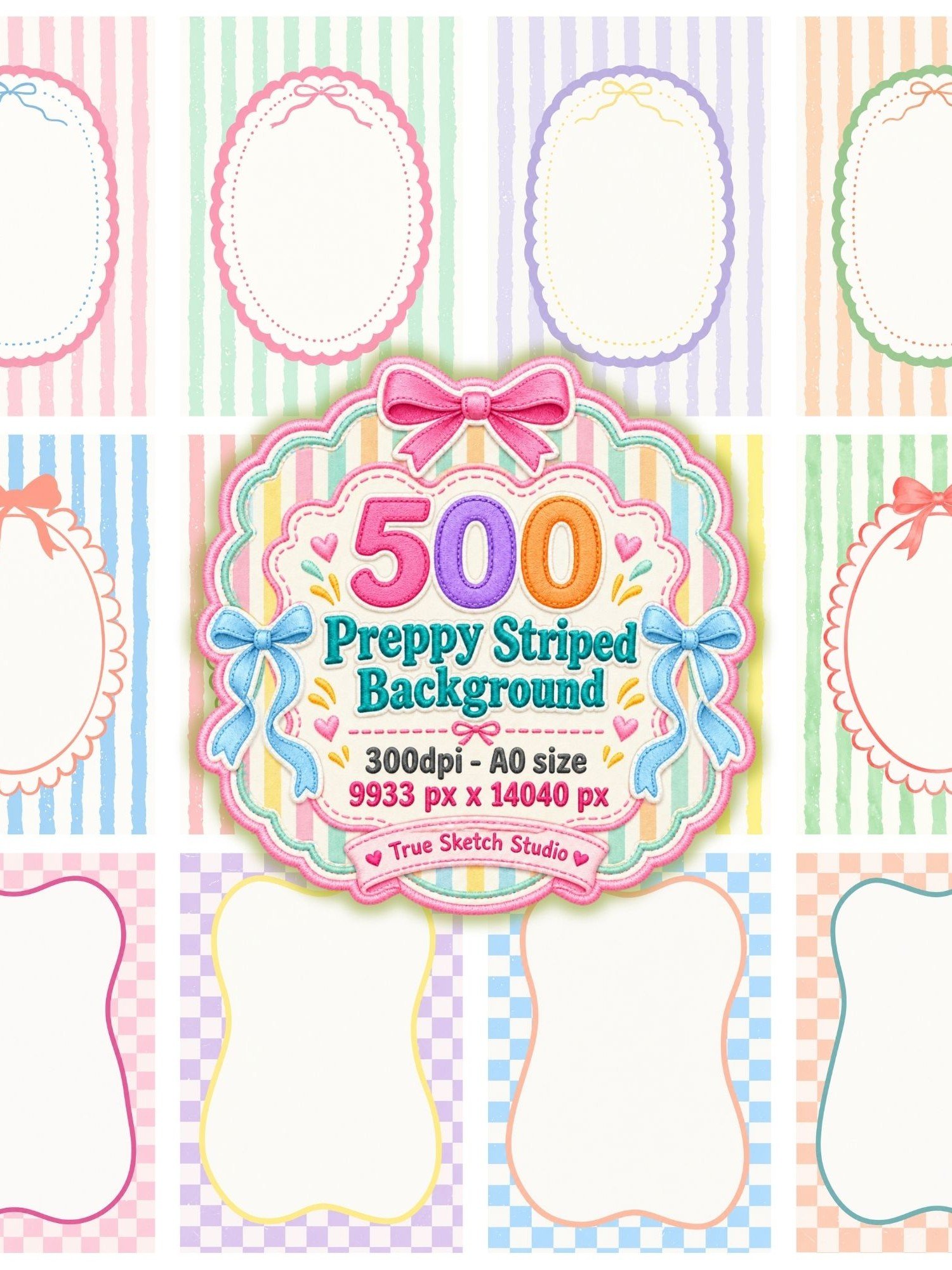 500 Preppy Striped Digital Paper Bundle, Pastel Coquette Bow Backgrounds, Scalloped Frames, Printable Stationery, Scrapbook Pages, A0 300DPI product image (2)