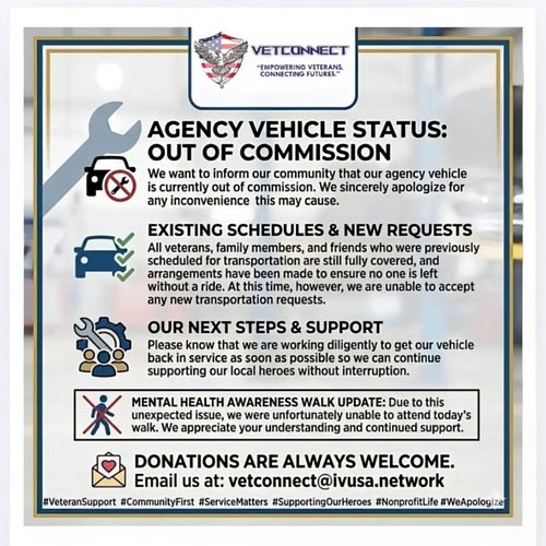 We want to inform our community that our agency vehicle is currently out of commission. We sincerely apologize for any inconv...