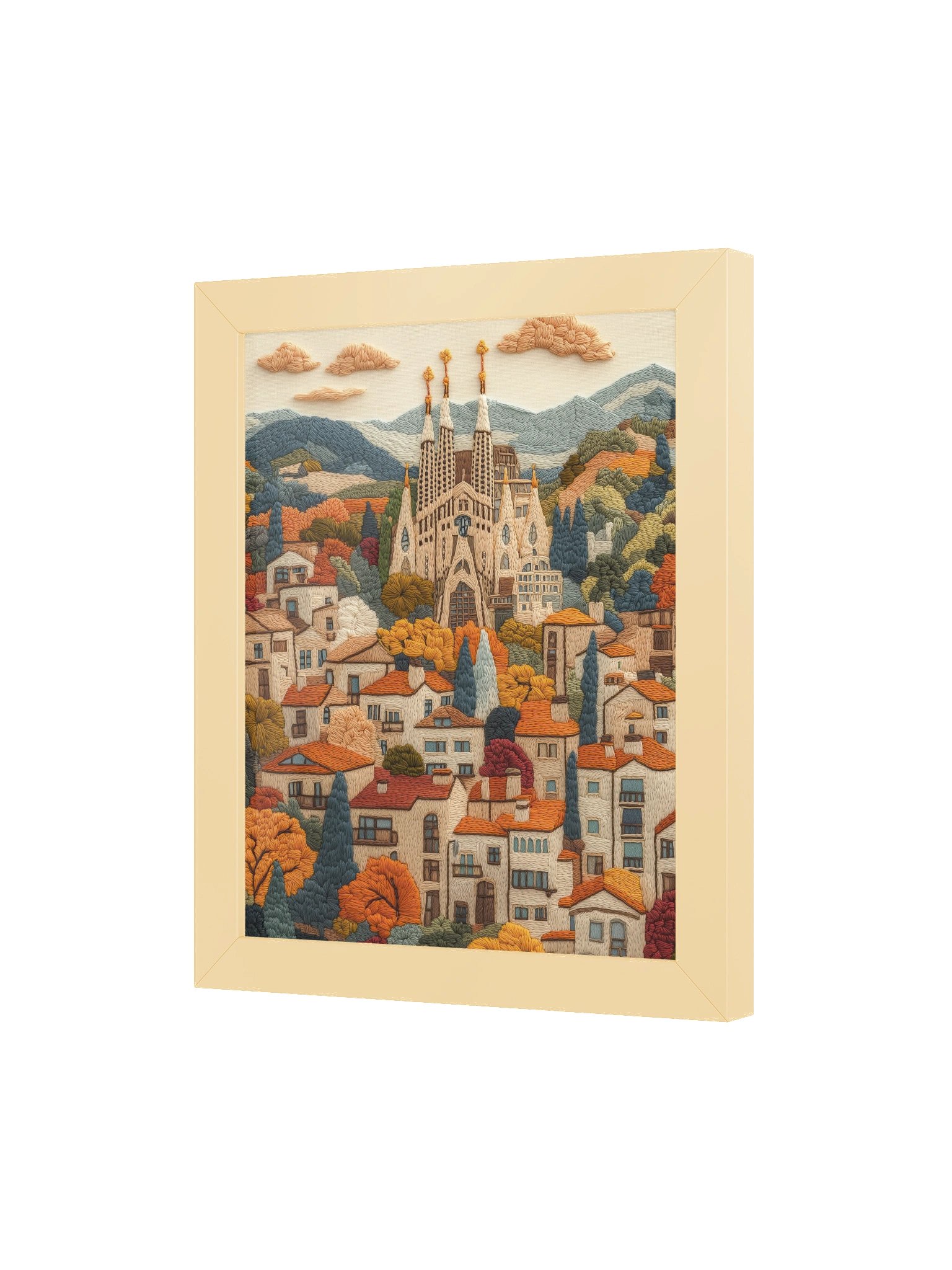 Barcelona in Stitches | Embroidery-Style Wall Art — Framed Print product image (24)