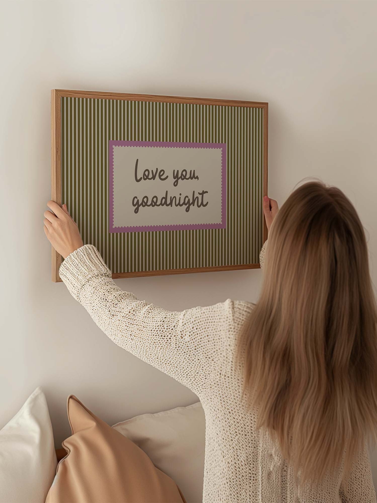 Love You Goodnight Print, Retro Striped Wall Art, Handwritten Quote Poster, Neutral Bedroom Nursery Decor, Horizontal Digital Download product image (4)