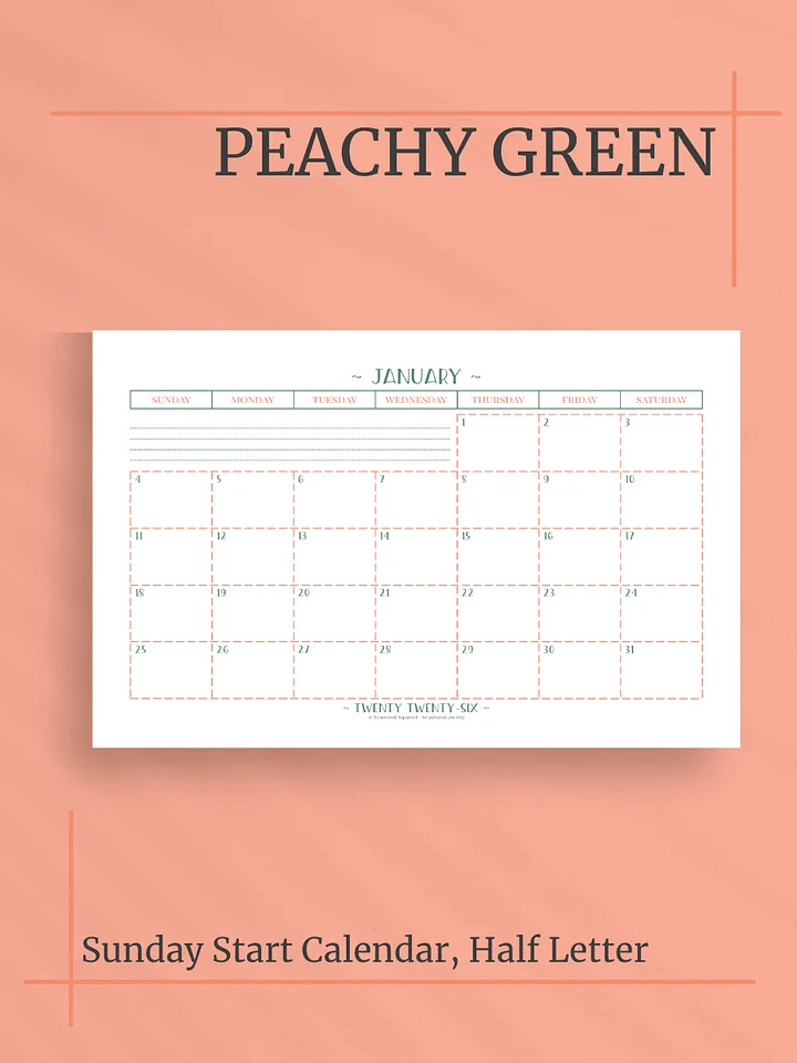 Peachy Green 2026 Calendar - Single Page per Month, Sunday Start, Half Letter Size product image (1)