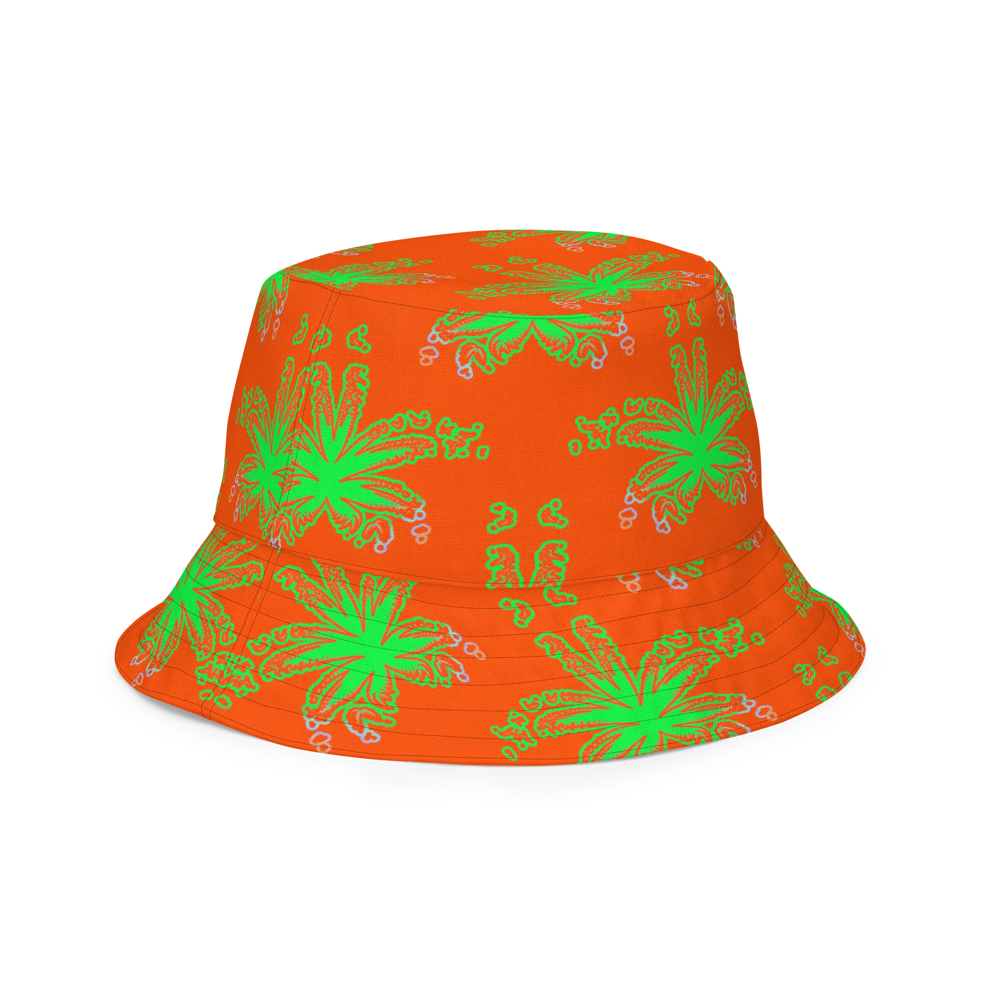 Stoner Raver Reversible Bucket Hat, Cannabis Halloween Accessory, Weird Weed Rave Wear, Orange Green Black Pot Leaf 420 Alt Festival Fashion product image (8)