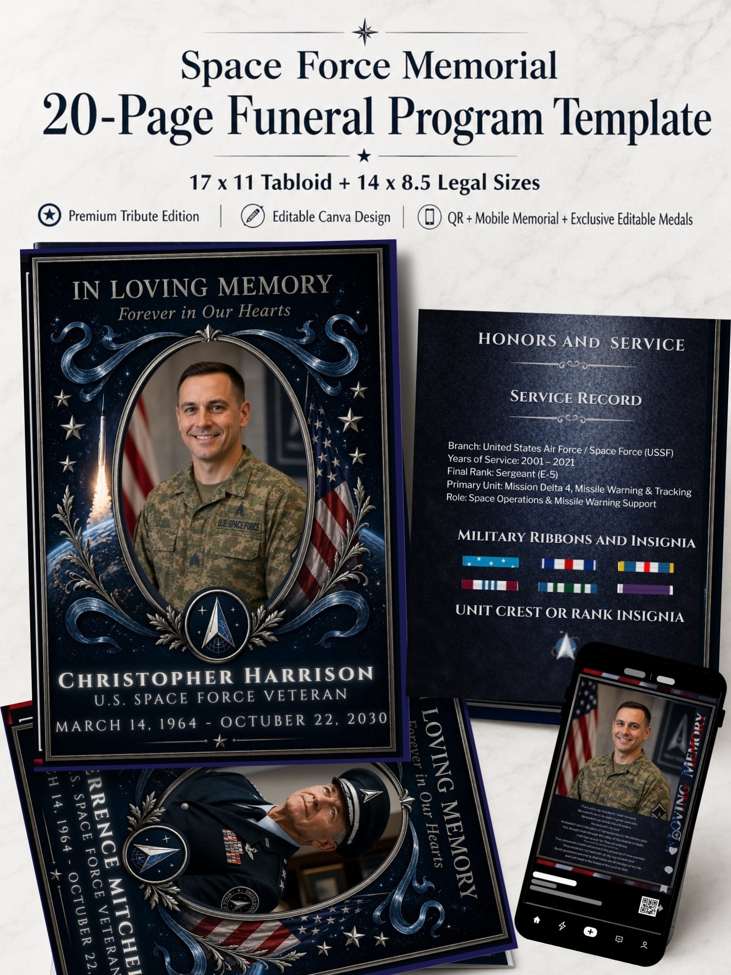 U.S. Space Force Funeral Obituary Program Template | 20-Page Editable Canva Memorial with Mobile Tribute product image (1)