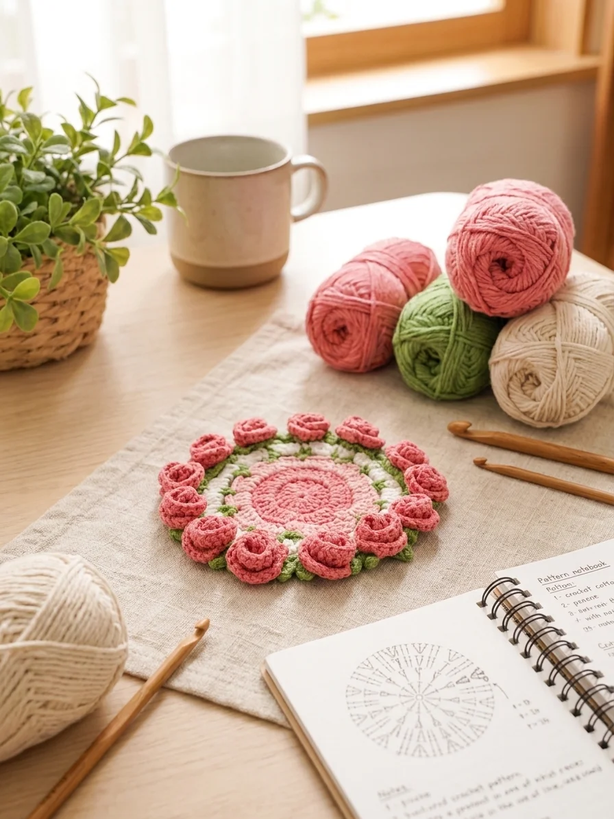 Crochet Rose Flower Pot Coaster Pattern product image (5)