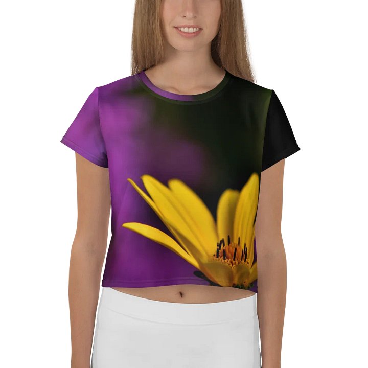 Crop top - Bright yellow blossom against a purple background product image (1)