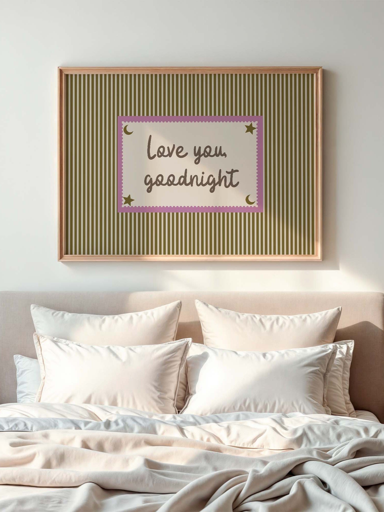 Love You Goodnight Print, Retro Striped Moon Star Wall Art, Handwritten Quote, Neutral Nursery Bedroom Decor, Horizontal Digital Download product image (7)