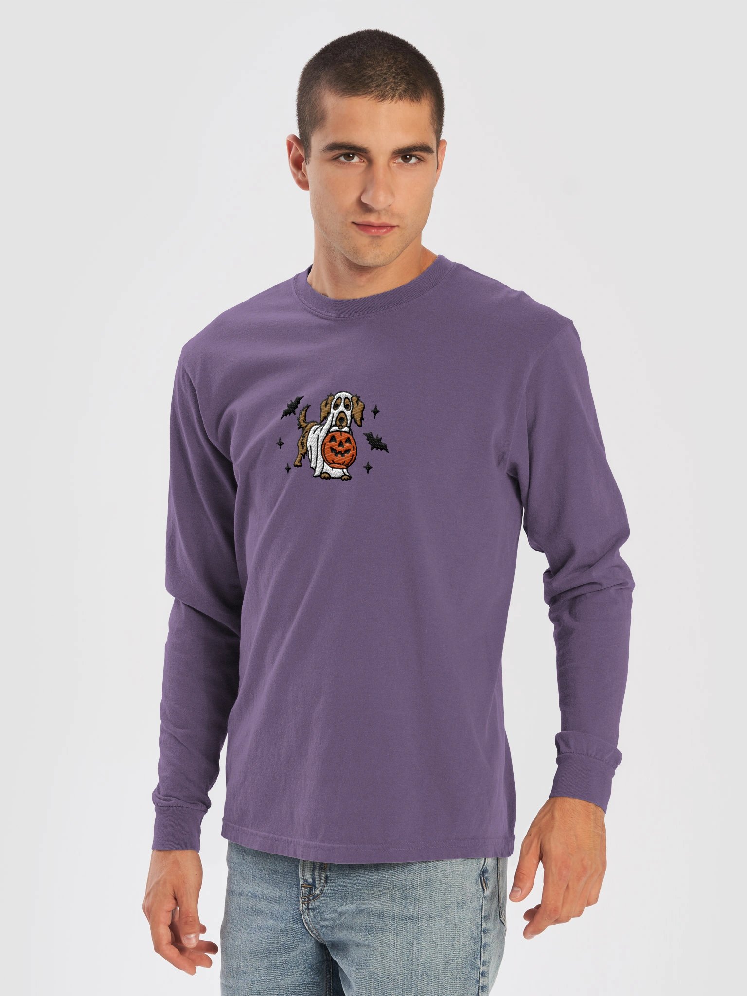Halloween Longhaired Dachshund(Brown) Embroidered Long-sleeved T-Shirt product image (2)