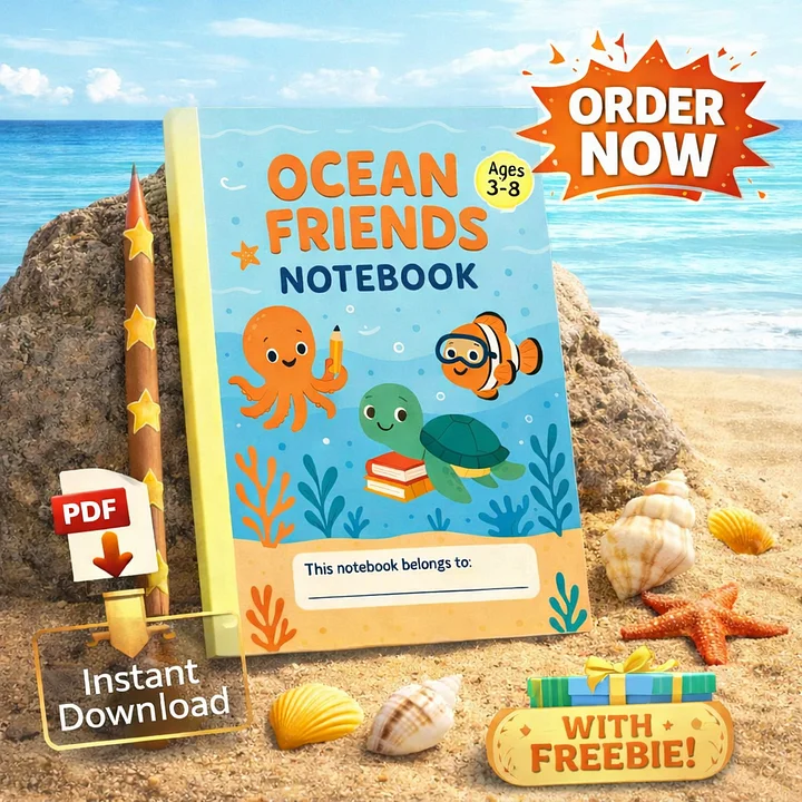 Ocean Friends Notebook for Kids | 30 Pages + Cover | Printable PDF | Instant Download + Freebies product image (1)