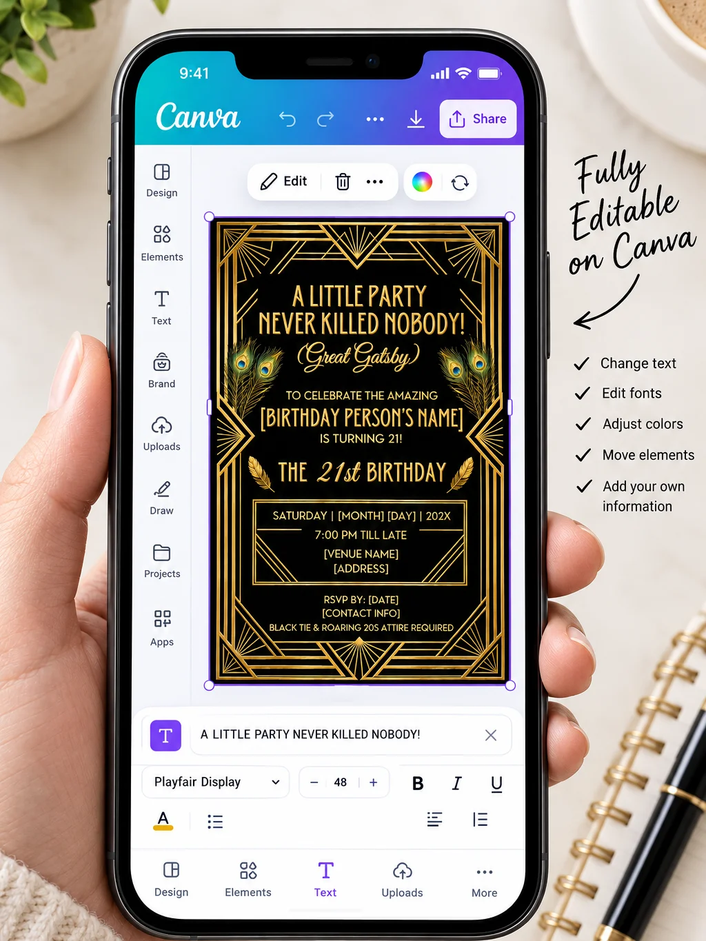 21st Birthday Invitation Template, Editable Gatsby Milestone Invite, Printable Art Deco Party, Canva Instant Download Digital product image (4)