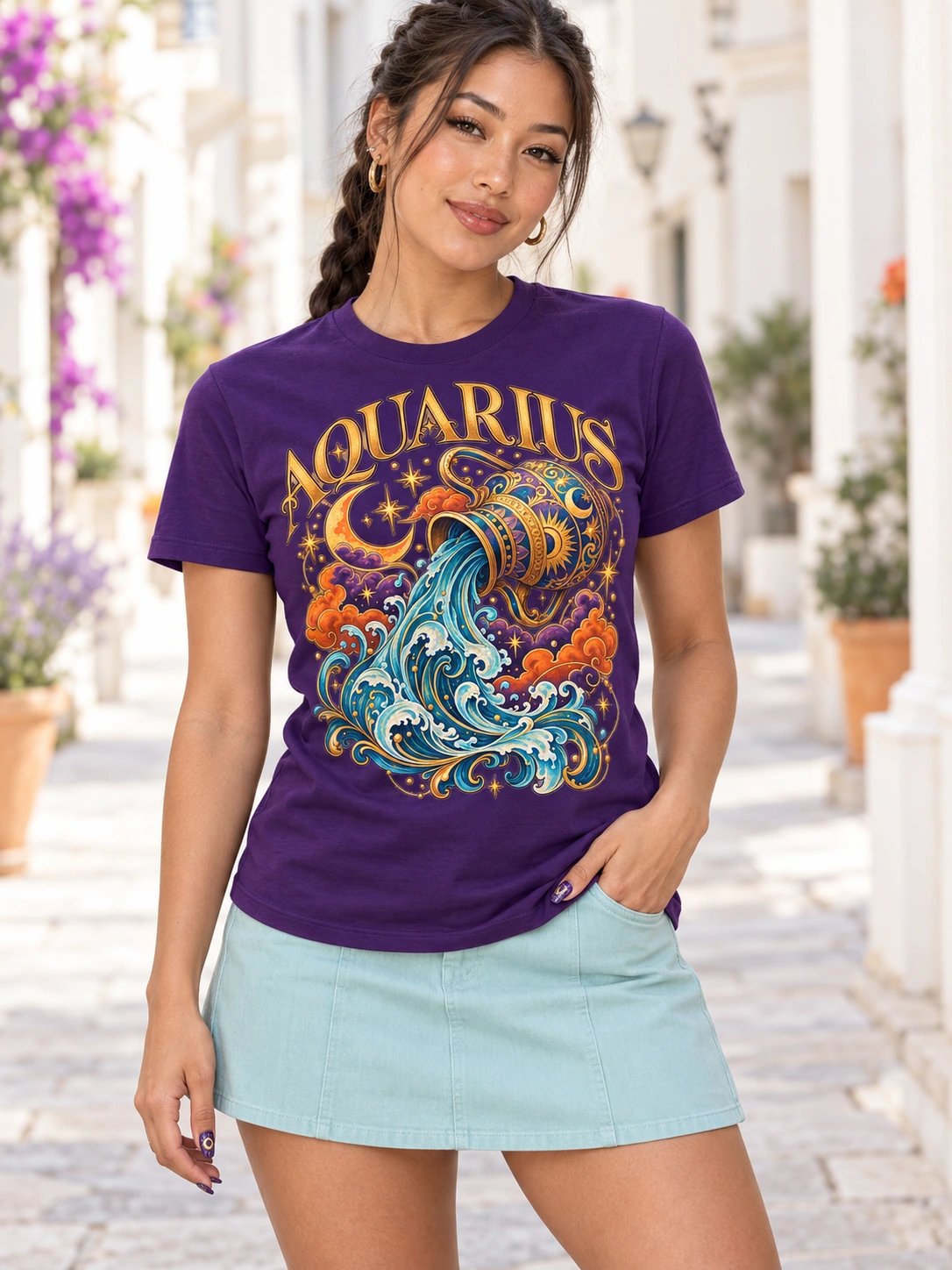 Aquarius Zodiac T-Shirt With Celestial Water Bearer Art product image (2)