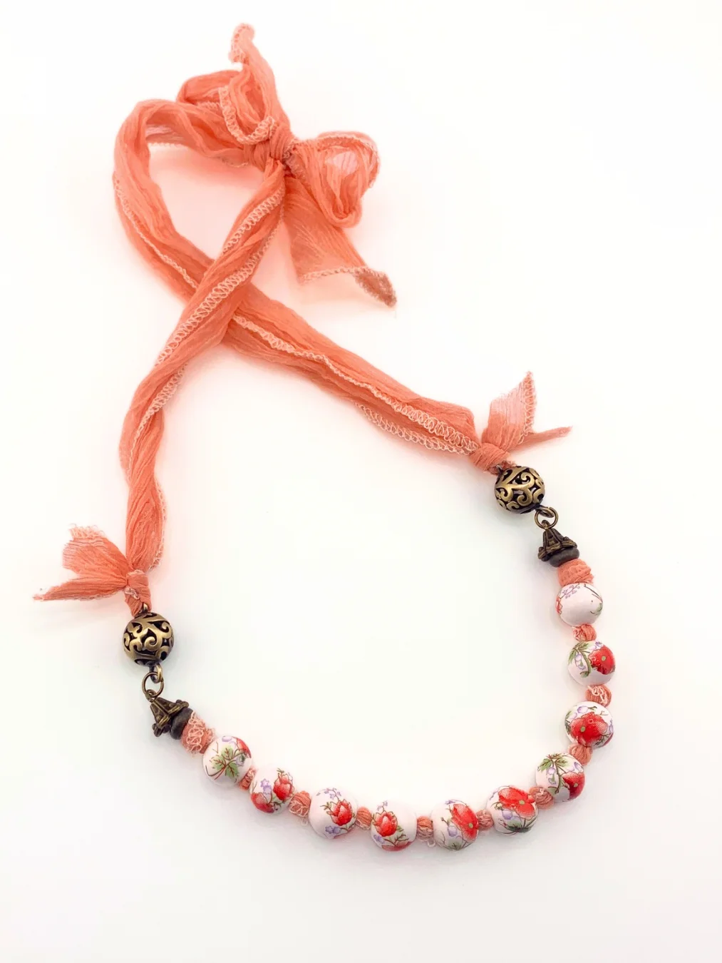 Peach Floral Beaded Necklace on SIlk Ribbon product image (3)