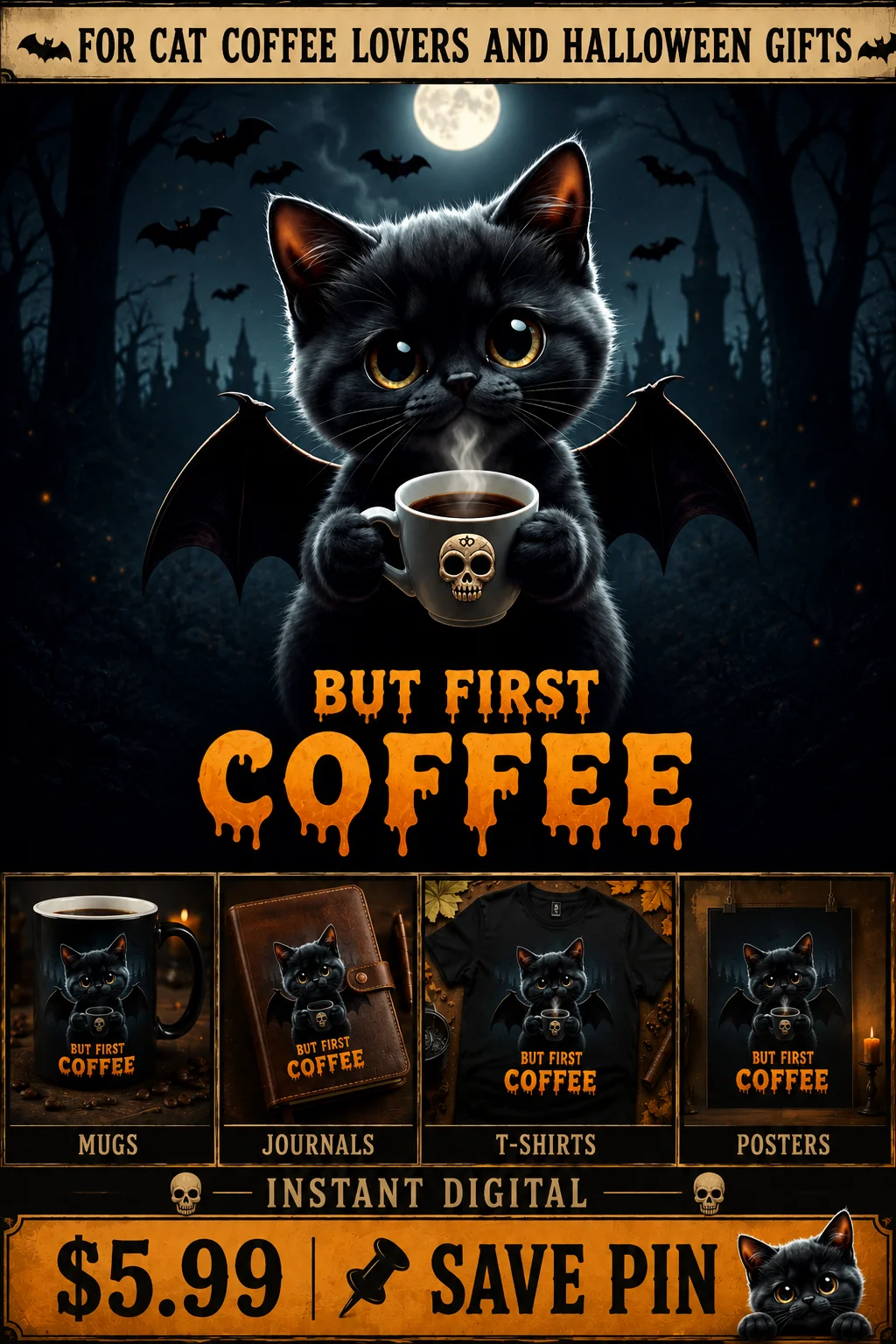 Gothic Cat Coffee Art "But First Coffee" Halloween Gift For Cat Coffee Lovers product image (1)