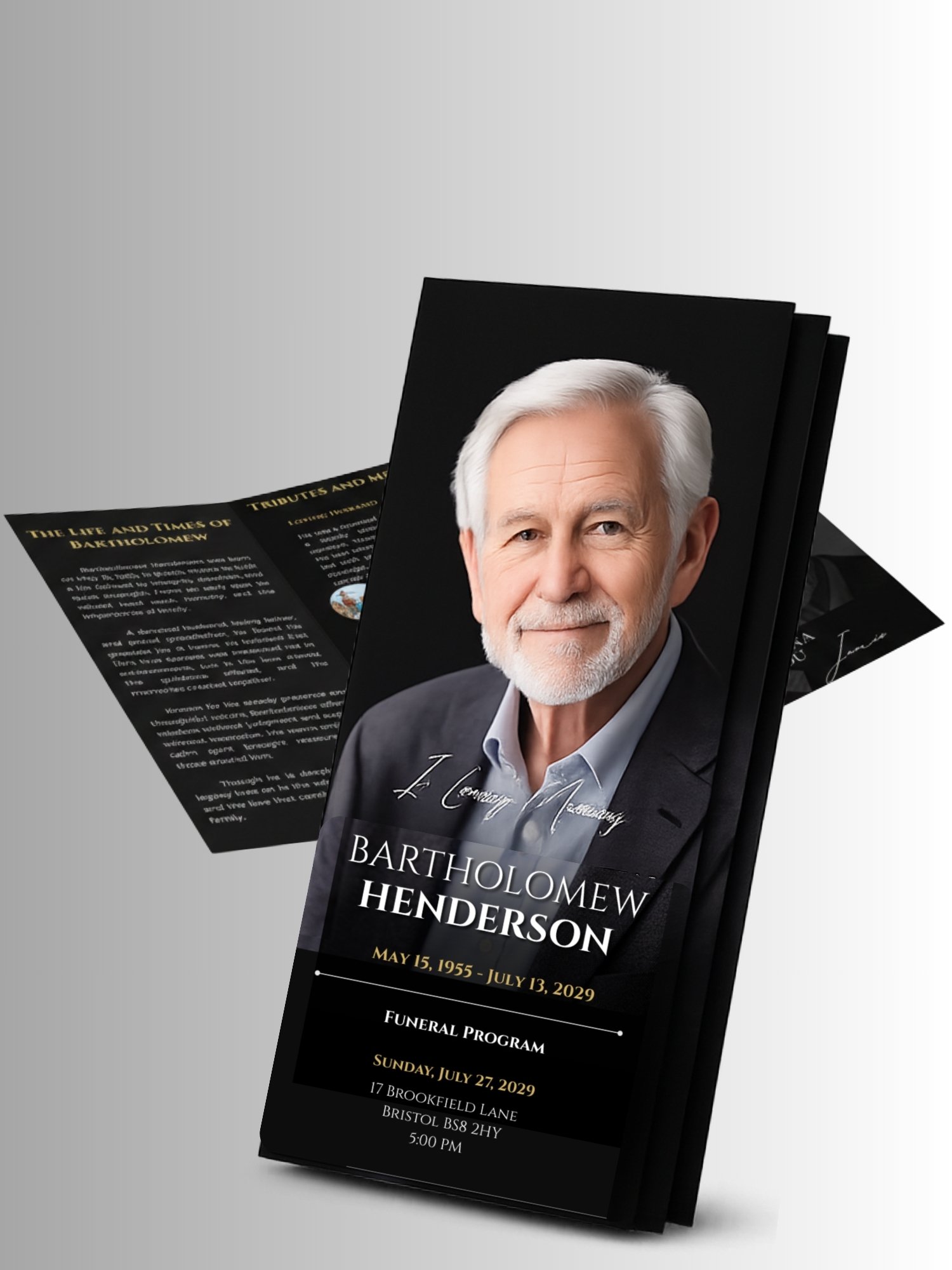 Celebration of Life Trifold for Men | Black & Gold Funeral Program, 6-Page US Letter Canva Template product image (7)