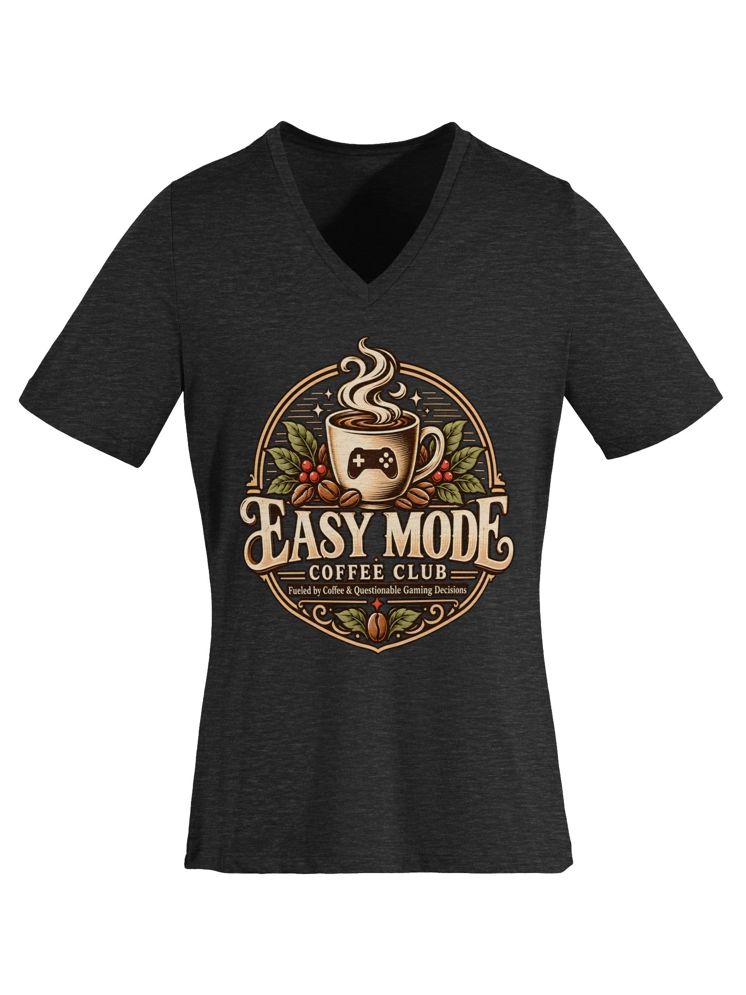 Easy Mode Coffee Club Women’s Relaxed V-Neck Tee – Dark Gray Heather product image (8)