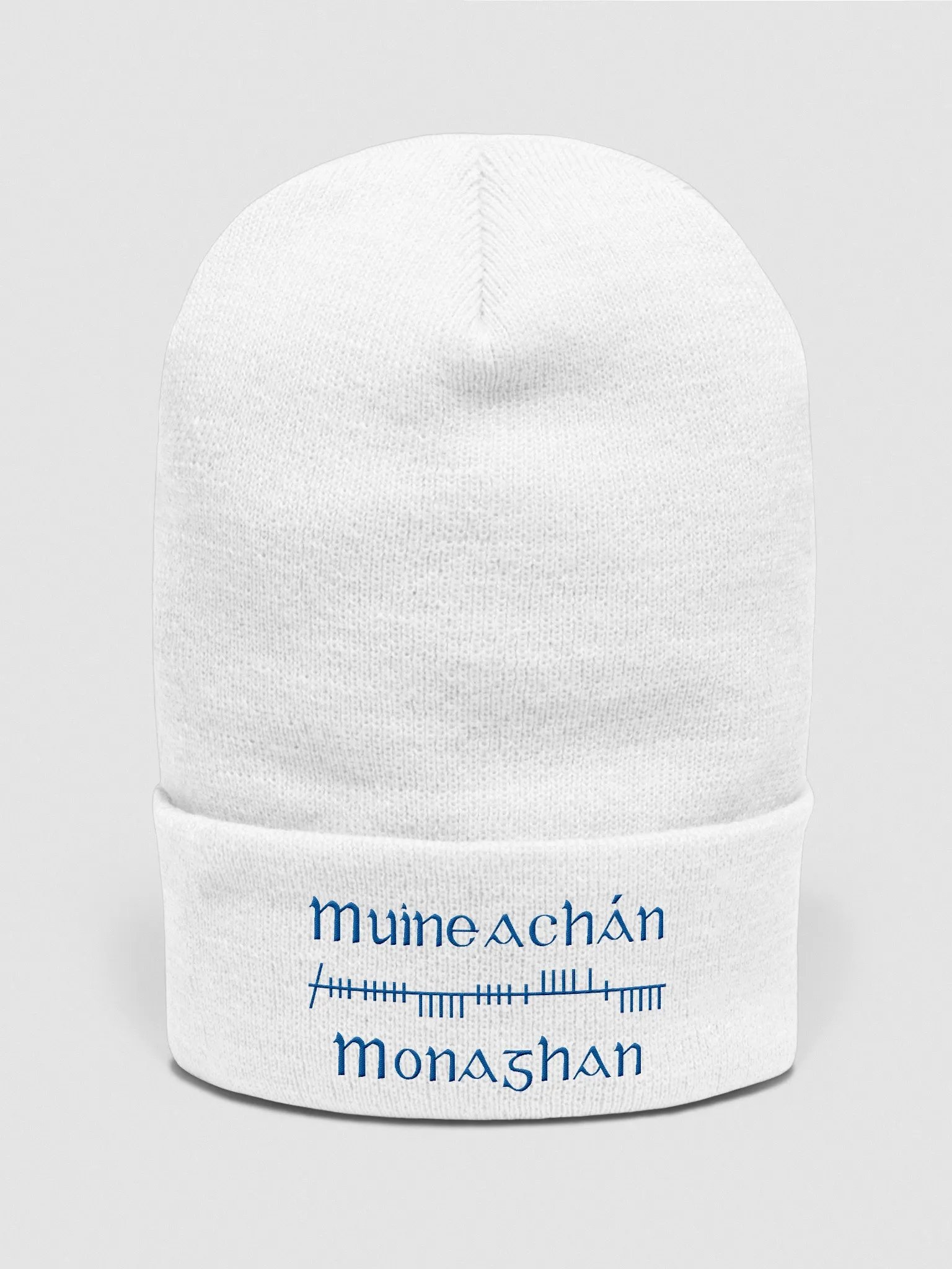Monaghan/Muineachán Orthodox style Ogham, white with blue, embroidered Cuffed Beanie product image (1)