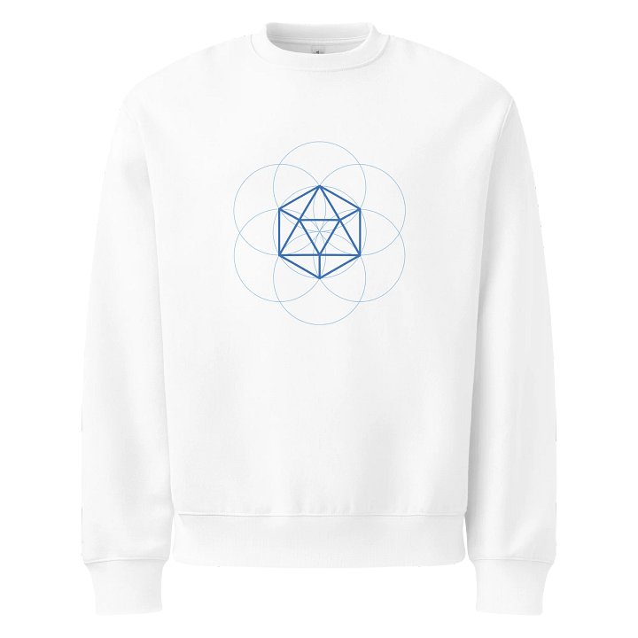 White Sweater – Blue Icosahedron (Centered Front & Upper Back Print) product image (1)