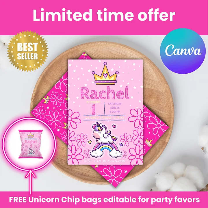 Editable double side Unicorn Birthday Invitation - Canva product image (1)