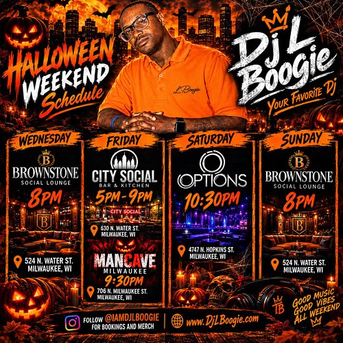 What it do this the Halloween weekend lineup 🎃👻💀

Live @brownstonesociallounge Wed. brewers #game5 happy hour all night ⚾️
 
...