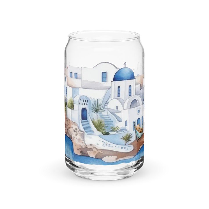 Santorini Dreaming Glass Can Tumbler | 16oz | Greek-Inspired Beverage Glass with Bamboo Lid & Straw product image (1)