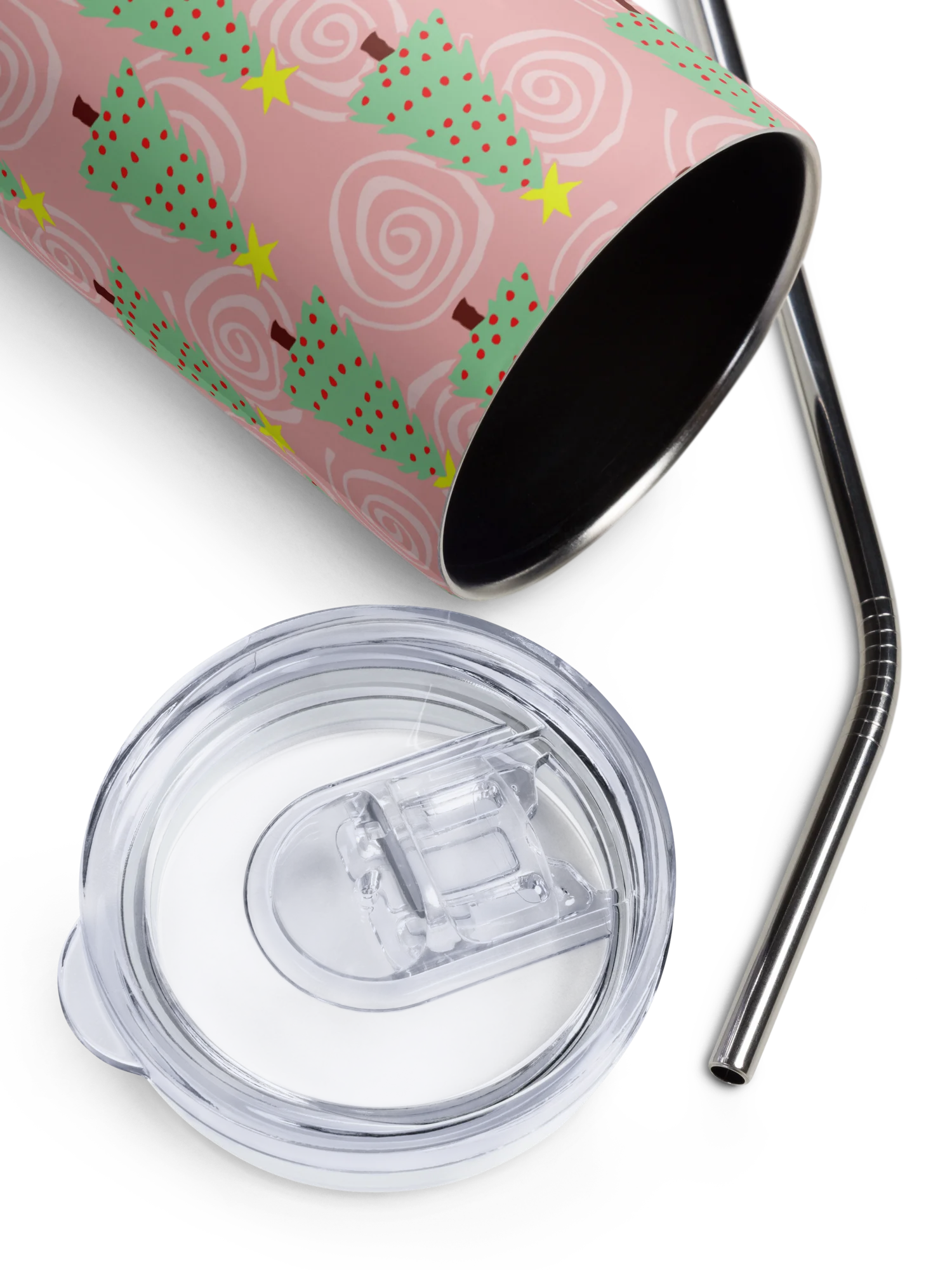 Green Christmas Trees on Pink Spirals Stainless Steel Tumbler with Straw product image (4)