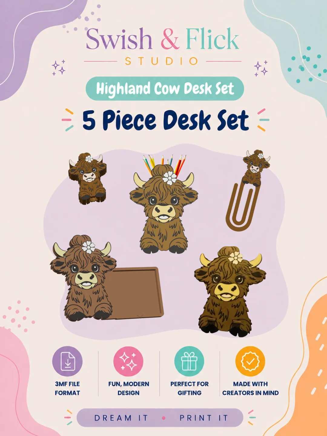 Highland Cow Desk Set 3MF Bundle | Kawaii Desk Accessories Digital Files | Pen Holder, Phone Holder, Bookmark & Straw Topper Set for 3D Printing product image (1)