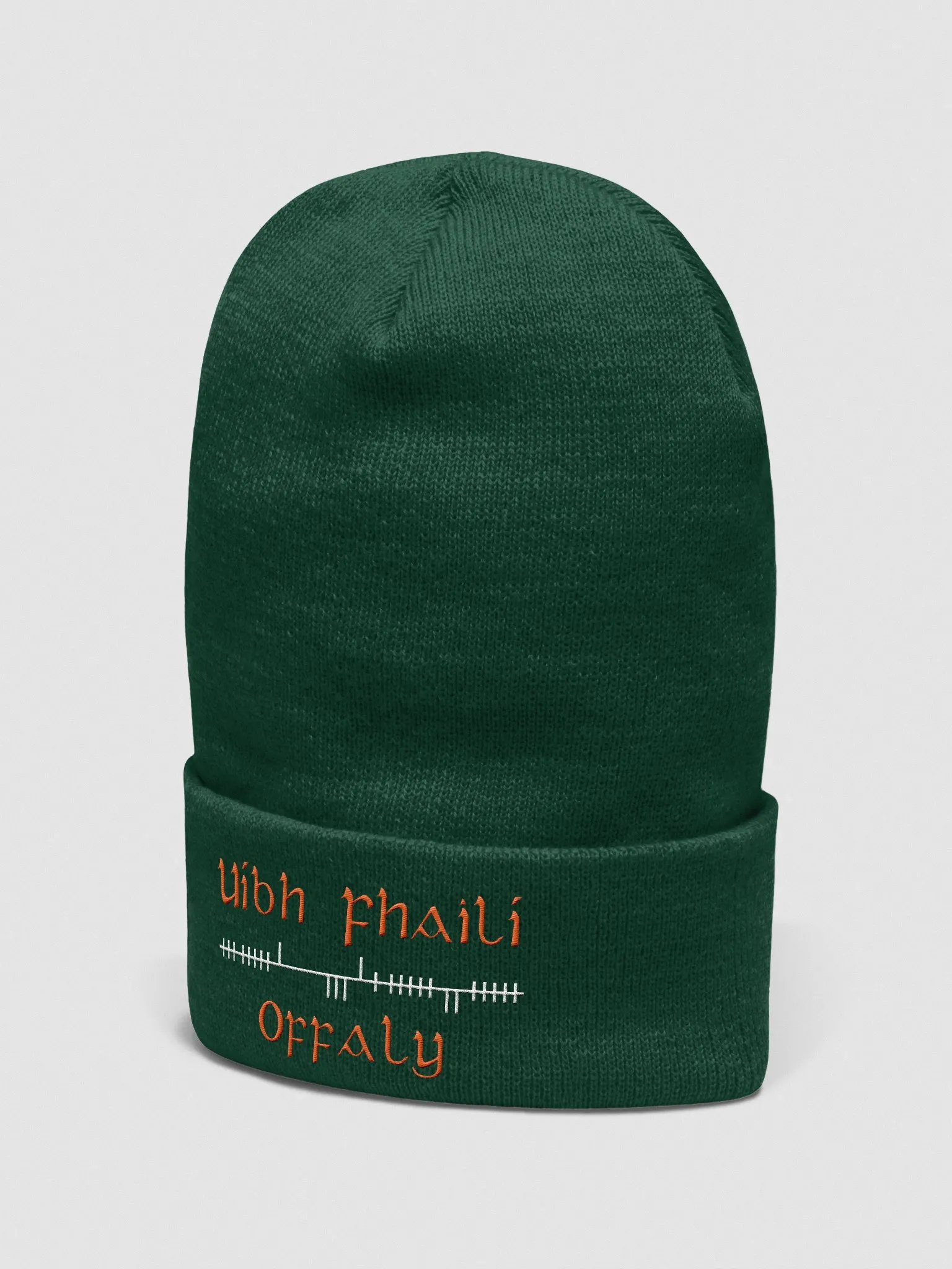 Offaly/Uíbh Fhailí Orthodox style Ogham, Green with white and orange, embroidered Cuffed Beanie product image (2)