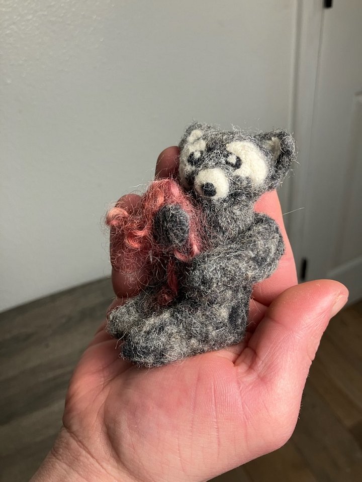 Needle Felted Raccoon - Tiny 3" Forest Friend with Red Bouquet - Miniature Solid Wool Sculpture product image (2)