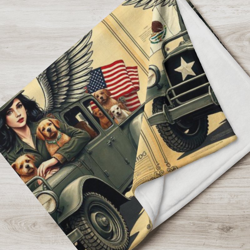 Mel’s Angels Vintage Military Jeep Dog Lover Throw Blanket – Adventure Travel Pet Art, Mexico US Design, Cozy Dog Gift product image (8)