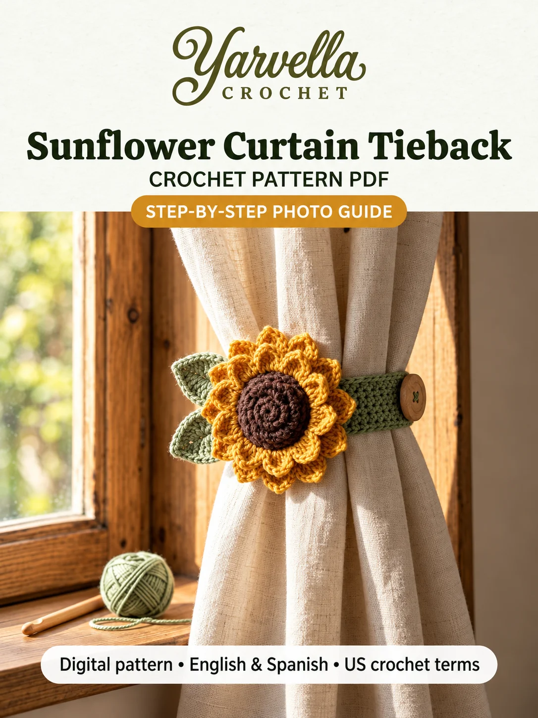 Sunflower Curtain Tieback Crochet Pattern PDF – Floral Window Holdback product image (1)