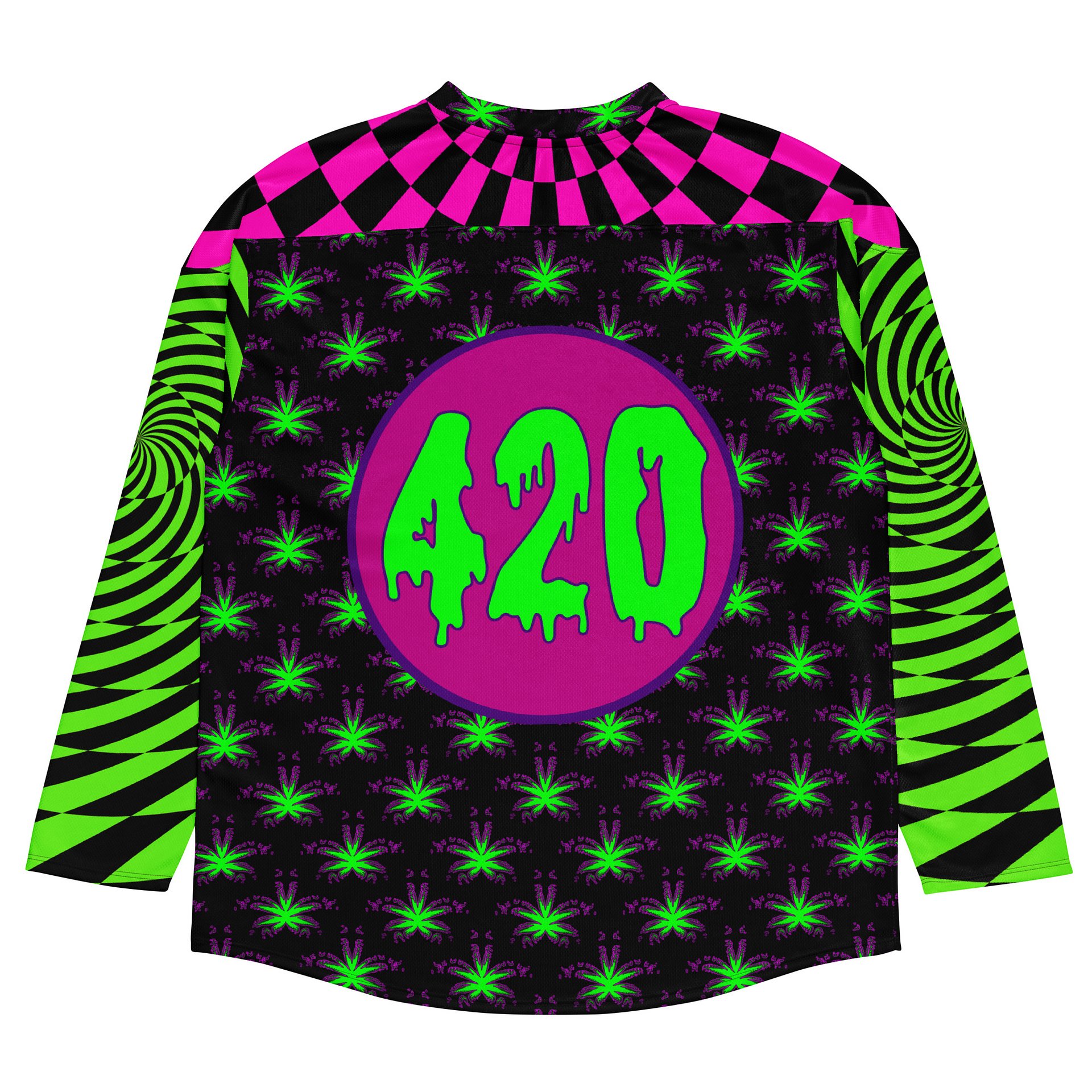 Twisted 420 Weed Rave Hockey Jersey, Psychedelic Spiral EDM Festival Shirt, Pot Leaf Trippy Techno Top, Neon Green Pink Cannabis Clothing product image (6)